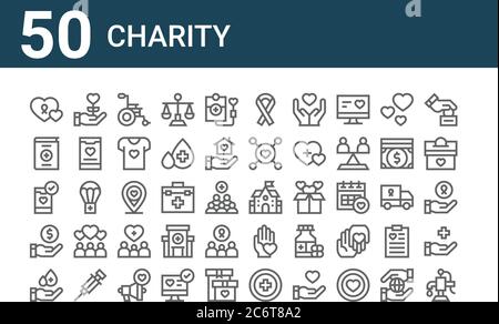 set of 50 charity icons. outline thin line icons such as water pump, blood donation, donation, smartphone, book, charity, school Stock Vector