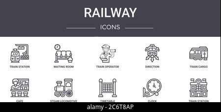 railway concept line icons set. contains icons usable for web, logo, ui/ux such as waiting room, direction, cafe, timetable, clock, train station, tra Stock Vector