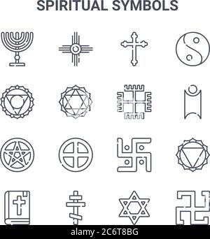 set of 16 spiritual symbols concept vector line icons. 64x64 thin stroke icons such as native american, visuddha, humanism, jain, orthodox cross, swas Stock Vector