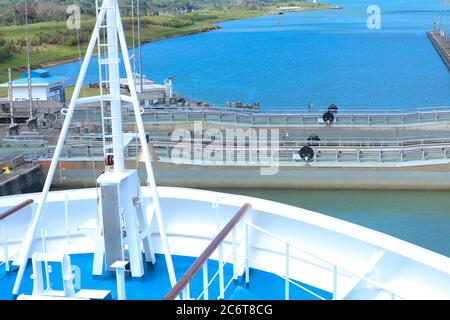 The Panama Canal is an artificial 48-mile (77 km) waterway in Panama that connects the Atlantic Ocean with the Pacific Ocean. Stock Photo