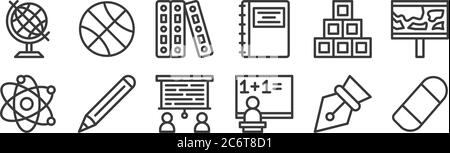 12 set of linear school icons. thin outline icons such as eraser, teacher, pencil, cube, document, basketball for web, mobile Stock Vector