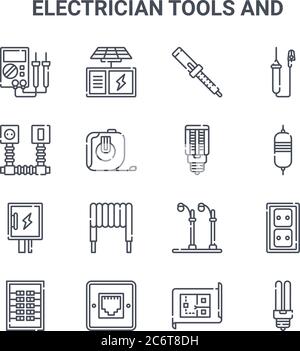 set of 16 electrician tools and concept vector line icons. 64x64 thin stroke icons such as solar panel, cable, resistor, street lamp, telephone socket Stock Vector