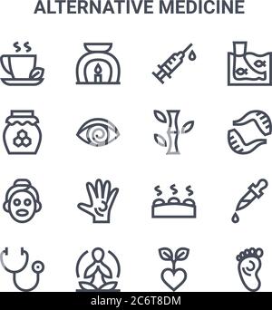 set of 16 alternative medicine concept vector line icons. 64x64 thin stroke icons such as aromatherapy, honey, leech, lithotherapie, yoga, massage, al Stock Vector