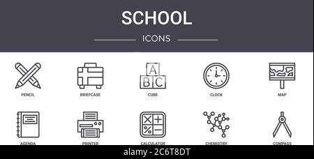 school concept line icons set. contains icons usable for web, logo, ui/ux such as briefcase, clock, agenda, calculator, chemistry, compass, map, cube Stock Vector