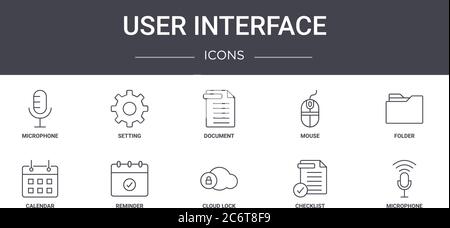 user interface concept line icons set. contains icons usable for web, logo, ui/ux such as setting, mouse, calendar, cloud lock, checklist, microphone, Stock Vector