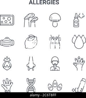 set of 16 allergies concept vector line icons. 64x64 thin stroke icons such as air pollution, medical mask, trans fat, puke, dna, inhaler, sesame, cra Stock Vector