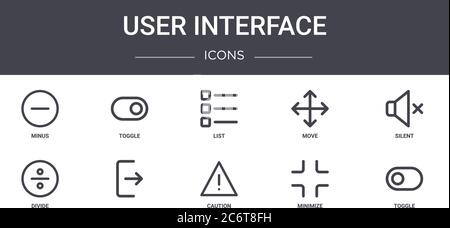 user interface concept line icons set. contains icons usable for web, logo, ui/ux such as toggle, move, divide, caution, minimize, toggle, silent, lis Stock Vector