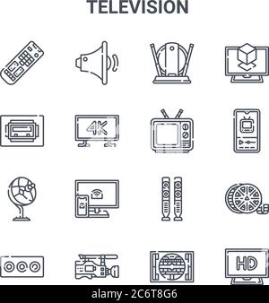set of 16 television concept vector line icons. 64x64 thin stroke icons such as volume down, usb port, smartphone, speakers, video camera, hd, test ca Stock Vector