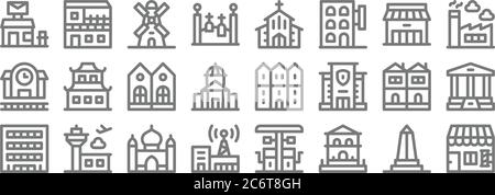 urban building line icons. linear set. quality vector line set such as barber shop, house, , mansion, terraced house, twin, factory, church, apartment Stock Vector