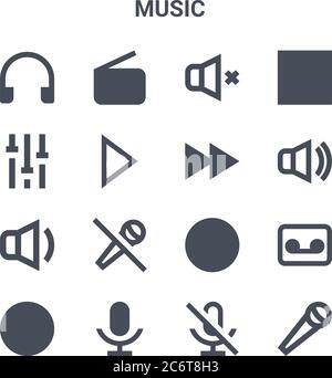 set of 16 music concept vector line icons. 64x64 thin stroke icons such as radio, tune, high volume, vinyl, microphone, microphone, mute, fast forward Stock Vector