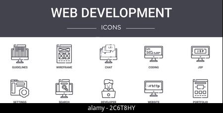 web development concept line icons set. contains icons usable for web, logo, ui/ux such as wireframe, coding, settings, developer, website, portfolio, Stock Vector
