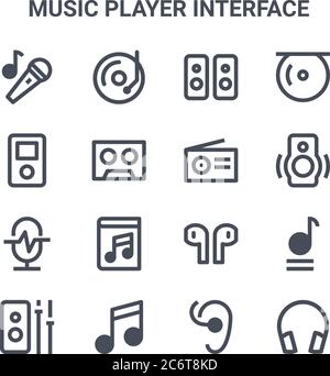 set of 16 music player interface concept vector line icons. 64x64 thin stroke icons such as music player, ipod, speaker, airpods, music, headphone, ea Stock Vector