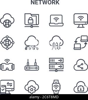 set of 16 network concept vector line icons. 64x64 thin stroke icons such as folder, world, connection, online server, configuration, speed, smartwatc Stock Vector