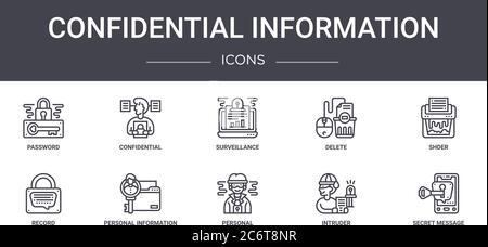confidential information concept line icons set. contains icons usable for web, logo, ui/ux such as confidential, delete, record, personal, intruder, Stock Vector
