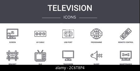 television concept line icons set. contains icons usable for web, logo, ui/ux such as av cable, programme, bracket, television, silent, maintenance, r Stock Vector