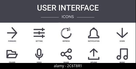 user interface concept line icons set. contains icons usable for web, logo, ui/ux such as setting, notification, folder, share, upload, music, down, r Stock Vector
