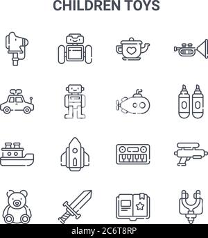 set of 16 children toys concept vector line icons. 64x64 thin stroke icons such as droid, toy car, markers, keyboard, sword, slingshot, fairytale, sub Stock Vector