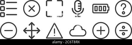 12 set of linear user interface icons. thin outline icons such as divide, cloud, move, battery full, maximize, multiply for web, mobile Stock Vector