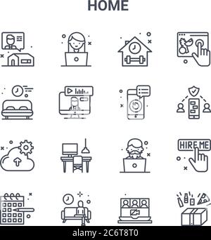 set of 16 home concept vector line icons. 64x64 thin stroke icons such as girl, rest time, security, boy, rest time, order, video conference, revision Stock Vector