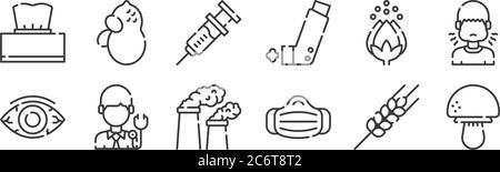 12 set of linear allergies icons. thin outline icons such as mushroom, medical mask, doctor, pollen, injection, peanut for web, mobile Stock Vector