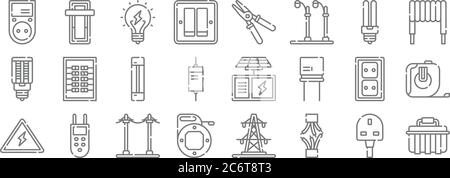 electrician tools and line icons. linear set. quality vector line set such as toolbox, torn, fish, electricity, wall socket, fuse, inductor, pliers, p Stock Vector