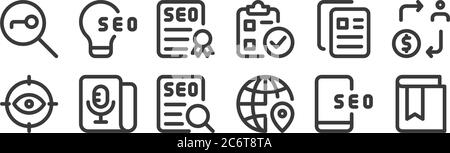 12 set of linear web apps seo icons. thin outline icons such as book, global, microphone, paste, certificate, idea for web, mobile Stock Vector