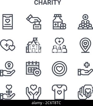 set of 16 charity concept vector line icons. 64x64 thin stroke icons such as donation, charity, donation, donation, charity, woman, support, add Stock Vector