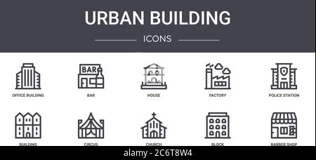 urban building concept line icons set. contains icons usable for web, logo, ui/ux such as bar, factory, building, church, block, barber shop, police s Stock Vector