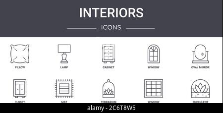 interiors concept line icons set. contains icons usable for web, logo, ui/ux such as lamp, window, closet, terrarium, window, succulent, oval mirror, Stock Vector