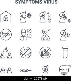 set of 16 symptoms virus concept vector line icons. 64x64 thin stroke icons such as sore throat, travel, breath, dont touch, vaccination, mask, pain, Stock Vector