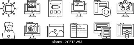 12 set of linear web development icons. thin outline icons such as de, coding, analytics, settings, portfolio, landing page for web, mobile Stock Vector