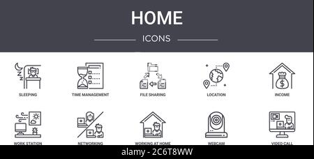 home concept line icons set. contains icons usable for web, logo, ui/ux such as time management, location, work station, working at home, webcam, vide Stock Vector