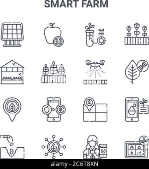 set of 16 smart farm concept vector line icons. 64x64 thin stroke icons such as barcode, house, dna, field, smart farm, smart farm, farmer, watering, Stock Vector