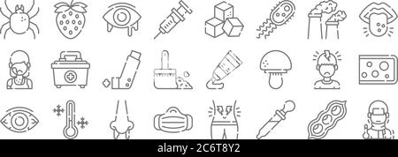 allergies line icons. linear set. quality vector line set such as fever, eye dropper, medical mask, eye, headache, inhaler, tongue, sugar cube, strawb Stock Vector