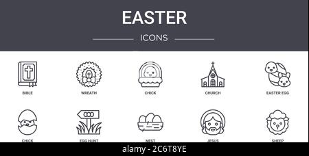 easter concept line icons set. contains icons usable for web, logo, ui/ux such as wreath, church, chick, nest, jesus, sheep, easter egg, chick Stock Vector