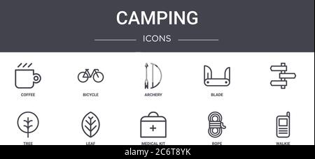 camping concept line icons set. contains icons usable for web, logo, ui/ux such as bicycle, blade, tree, medical kit, rope, walkie, , archery Stock Vector