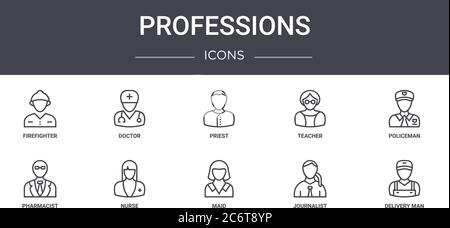 professions concept line icons set. contains icons usable for web, logo, ui/ux such as doctor, teacher, pharmacist, maid, journalist, delivery man, po Stock Vector