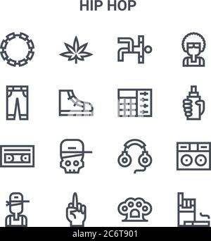 set of 16 hip hop concept vector line icons. 64x64 thin stroke icons such as marijuana, pants, spray, headphones, hand, cigarettes, brass knuckles, so Stock Vector