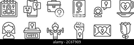 12 set of linear womens day icons. thin outline icons such as rose, fist, vote, message, briefcase, mobile for web, mobile Stock Vector