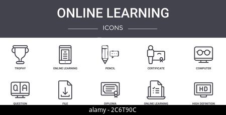 online learning concept line icons set. contains icons usable for web, logo, ui/ux such as online learning, certificate, question, diploma, online lea Stock Vector