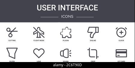user interface concept line icons set. contains icons usable for web, logo, ui/ux such as flight mode, dislike, filter, sound, crop, cit card, clock, Stock Vector