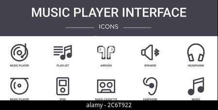 music player interface concept line icons set. contains icons usable for web, logo, ui/ux such as playlist, speaker, music player, radio cassette, ear Stock Vector