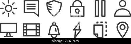 12 set of linear user interface icons. thin outline icons such as pin, bolt, video, pause button, shield, notification for web, mobile Stock Vector