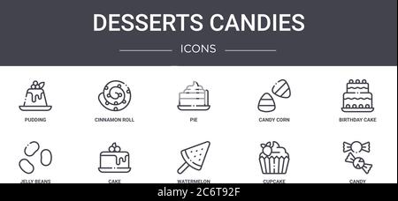desserts candies concept line icons set. contains icons usable for web, logo, ui/ux such as cinnamon roll, candy corn, jelly beans, watermelon, cupcak Stock Vector