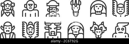 12 set of linear fantastic characters icons. thin outline icons such as boogeyman, necromancer, harpy, death, pirate, cyclops for web, mobile Stock Vector