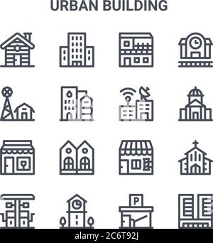 set of 16 urban building concept vector line icons. 64x64 thin stroke icons such as condo, farm, town hall, barber shop, clock tower, office building, Stock Vector