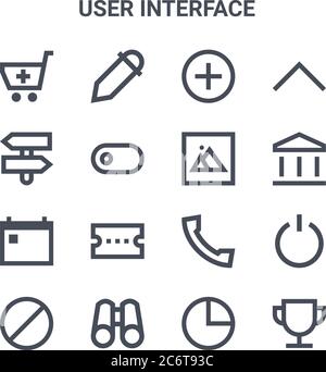 set of 16 user interface concept vector line icons. 64x64 thin stroke icons such as color selection, direction, bank, call, binocular, winner, pie cha Stock Vector