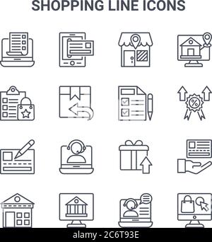 set of 16 shopping line icons concept vector line icons. 64x64 thin stroke icons such as mobile banking, wish list, discount, gift box, internet banki Stock Vector