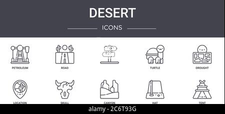 desert concept line icons set. contains icons usable for web, logo, ui/ux such as road, turtle, location, canyon, hat, tent, drought, Stock Vector