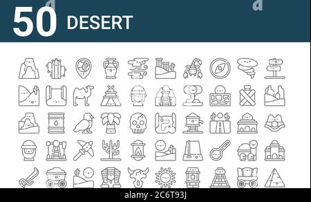 set of 50 desert icons. outline thin line icons such as pyramid, sword, bedouin, mountain, dune, cactus, map Stock Vector
